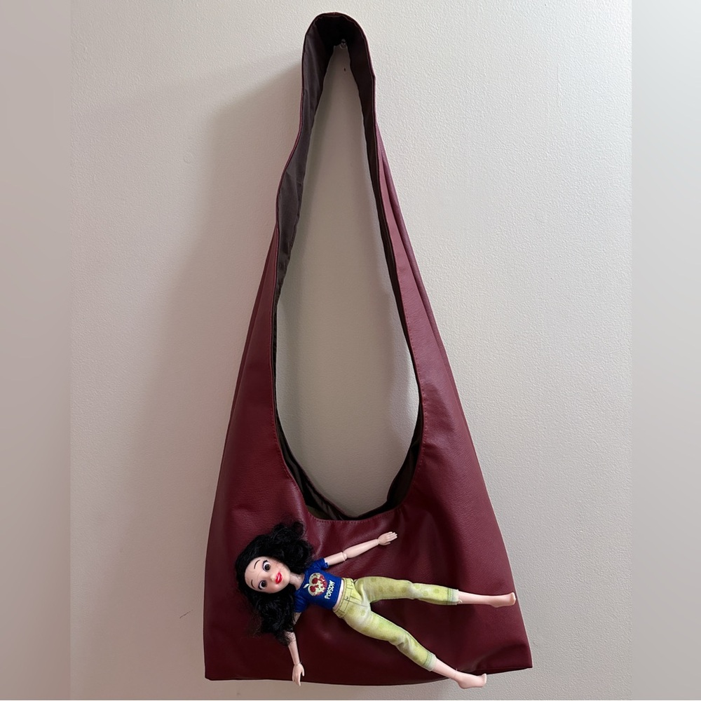 Handmade Dark Burgundy Red Faux Leather Embroidered Doll Design Crossbody Bag